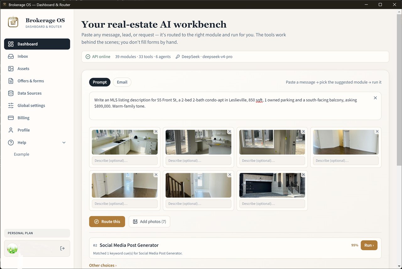 Brokerage OS dashboard — paste any message, lead, or request and it is routed to the right module and run for you; here, an MLS listing description and social-media post are being generated.