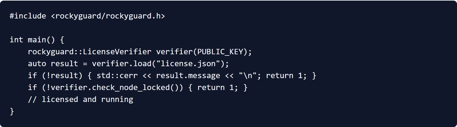 RockyGuard C++ integration — embed the public key, load the signed license file, and verify it in about five lines of code.